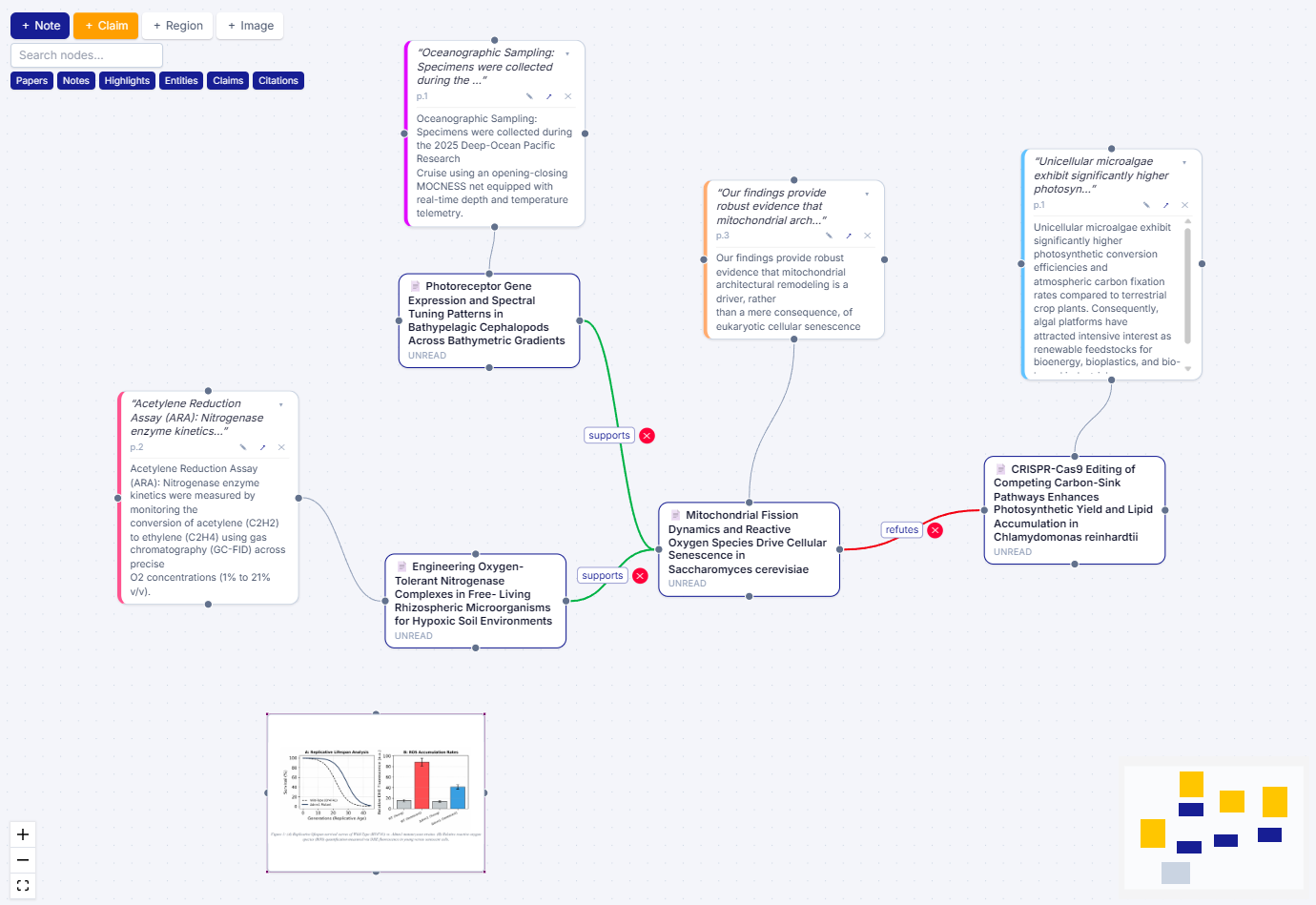The Synaptate canvas: paper, note, highlight, and claim cards connected by green 'supports' and red 'refutes' links, with a figure region and minimap