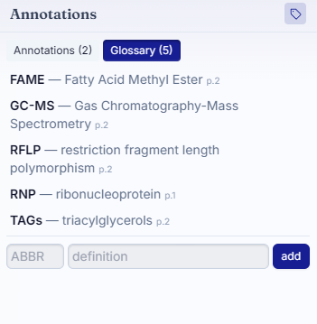 The glossary panel listing detected abbreviations and their expansions, such as FAME, GC-MS, RFLP, RNP, and TAGs