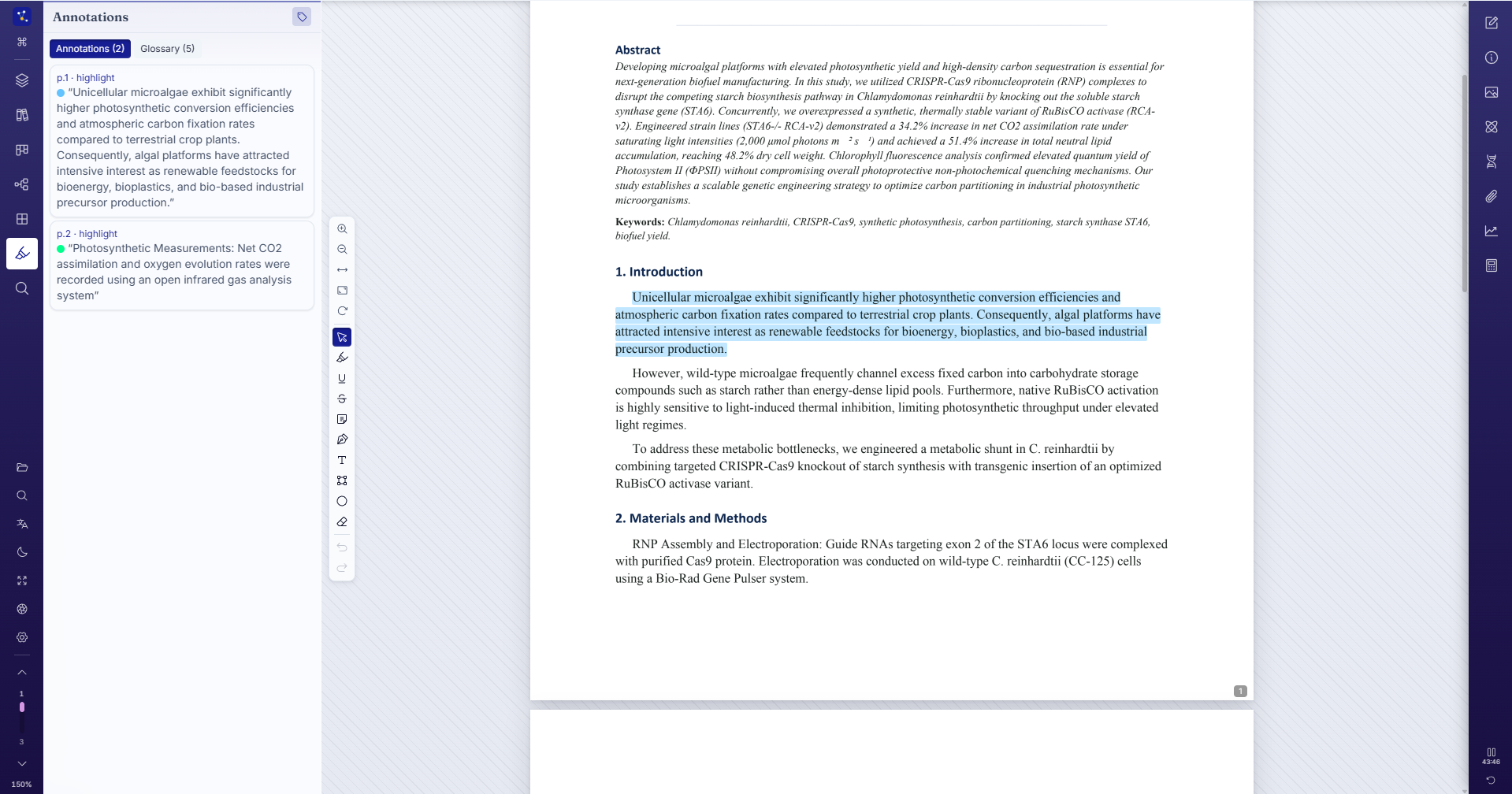 The Synaptate reader: a PDF page with a highlighted passage, the Annotations panel listing highlights, and the tool dock