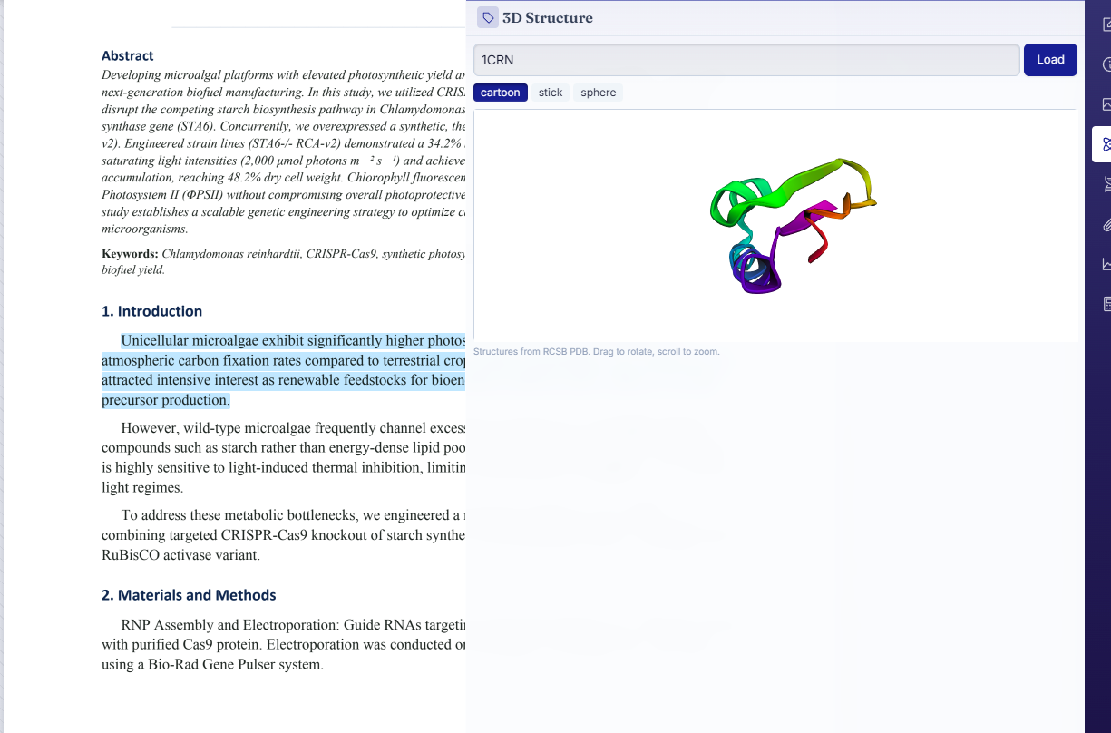 The 3D structure viewer showing protein 1CRN in cartoon representation alongside the paper text